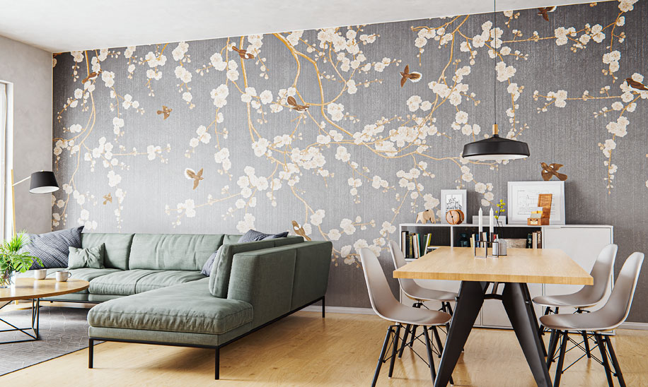 Modernes Wohnzimmer und Essbereich mit einer Design-Wandbespannung Blüten und Vögel